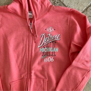 Detroit Michigan Full Zippered Hooded Coral Sweatshirt w/Pockets Size Large